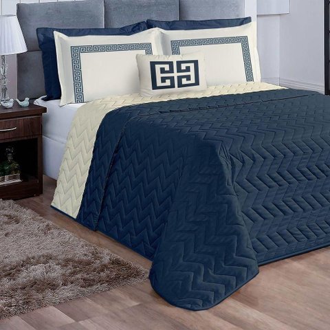 Kit Cobre Leito Casal Grecco Azul Marinho Casaborda 5 Peças