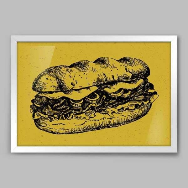 Quadro Cozinha Monocolor Lanche - 45x30cm - Moldura Padrão Branco - 1