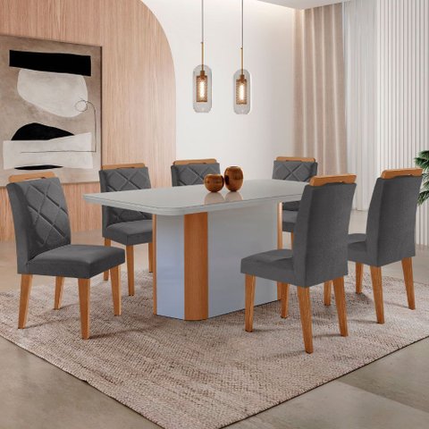 Mesa de Jantar Isadora 180cm Tampo Mdf Vidro Canto Copo e 6 Cadeiras Melissa