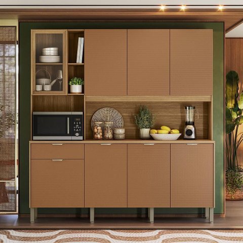 Armário de Cozinha Compacto Kits Paraná Nature 8 Portas 1 Gaveta Nicho Decorativo 1,94m - Freijó/