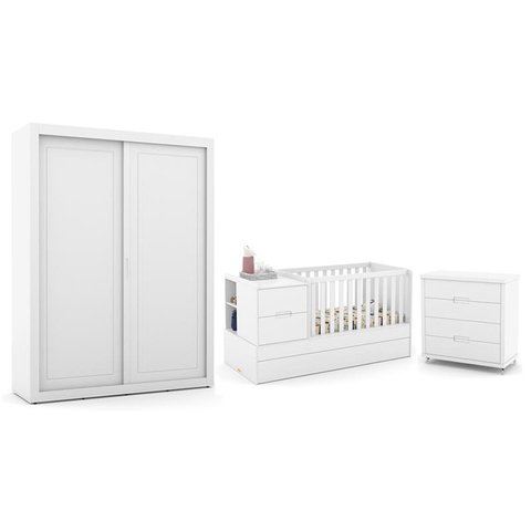 Dormitório Completo Infantil Tutto New 2 Portas de Correr, Cômoda 4 Gavetas e Berço Formare Branco S