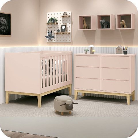 Quarto de Bebê Berço + Cômoda 6 Gvts Classic Pés em Madeira Natural Rosa
