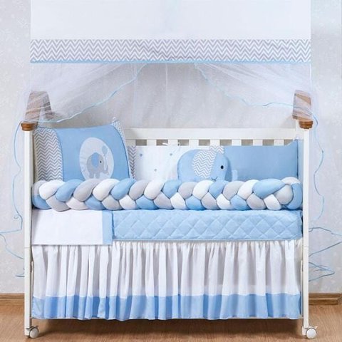 Kit Berço Trançado Menino 14 Peças Modelo Elefante Azul