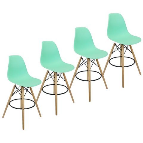 Kit 4 Banquetas Charles Eames Eiffel Wood Design Base Fixa Madeira - Verde