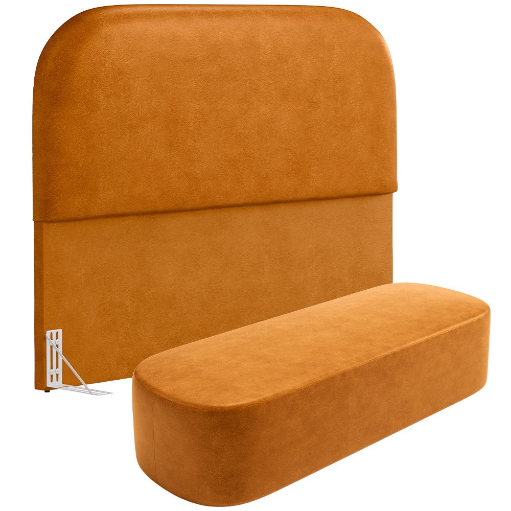 Cabeceira Cama Box Casal 140cm Lanna com Puff Recamier Doha W01 Couríssimo Whisky - Lyam Decor