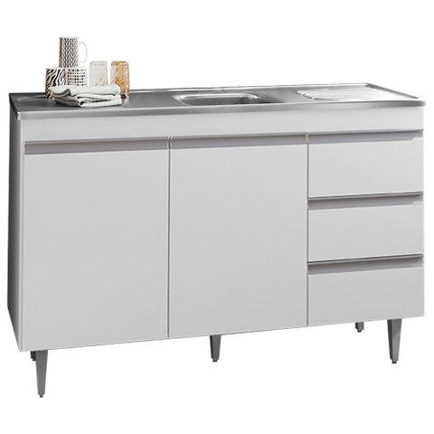 Balcão Gabinete com Pia Inox 120cm 2 Portas 3 Gavetas Andréia Branco - AJL Móveis