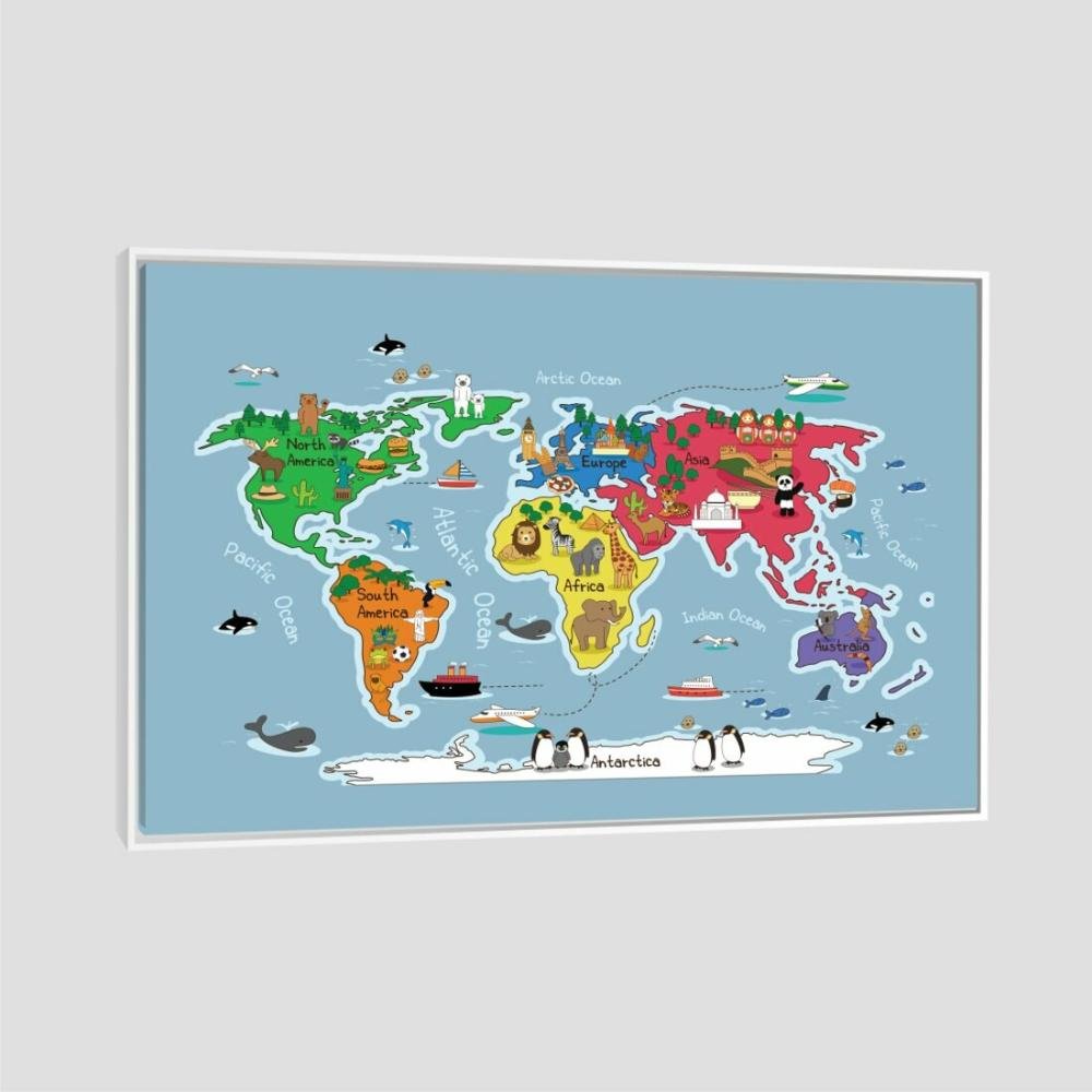 Quadro Quadro Mapa Mundi Infantil Tela Moldura Branca 63X42Cm - 1