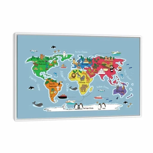 Quadro Decorativo Canvas Mapa Mundi Infantil 63x42cm Moldura Branca