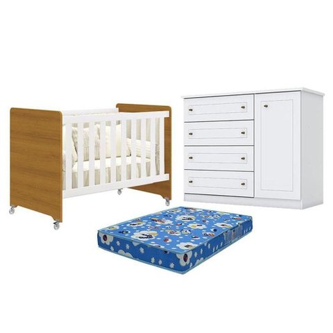 Berço Americano Evolution 4 em 1 Branco Acetinado Savana Reller e Cômoda Americano Branco Hp e