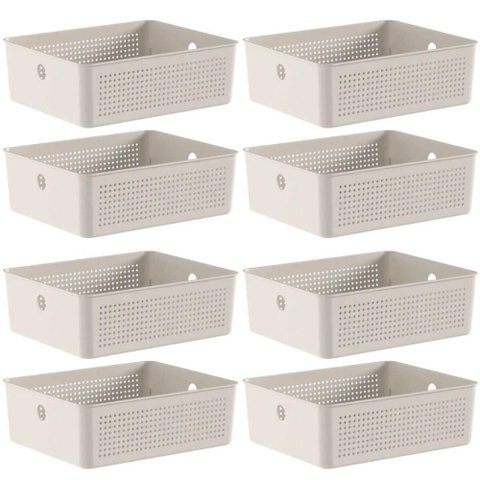 8 Caixas Organizadoras Multiuso Flow Bege 12l ou Cestos Plásticos Lavanderia Closet