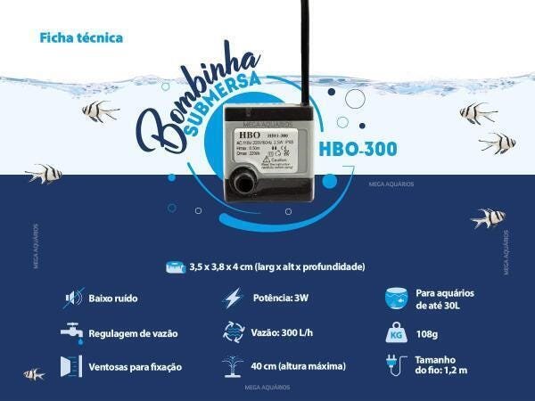 Bombinha Bomba Submersa Hbo-300 300 L/H Aquário Fontes 220V - 3