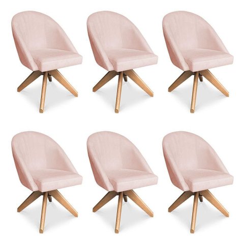 Kit 6 Poltronas Cadeira Giratória Bela Suede Base Madeira Rosa Bebê Pallazio