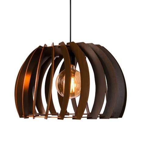 Luminária Pendente Grande Redondo Aletado Madeira Rustico Cor:café