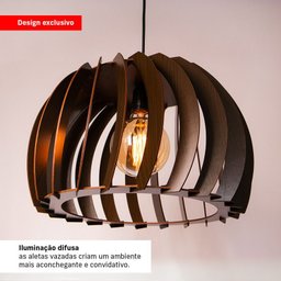 Luminária Pendente Grande Redondo Aletado Madeira Rustico Cor:café - 2