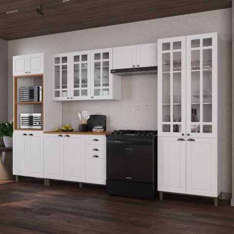 Armário de Cozinha Modulada Completa Fidelitá Nara 100% MDF 5 Peças 350cm 16 Portas 2 Gavetas com
