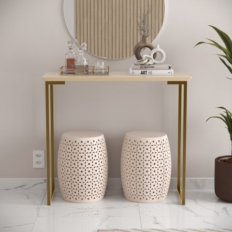 Buffet Aparador Off White / Dourado Mesa Industrial P/ Sala Ambiente Elegante