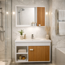 Ver imagem 1 de Kit de Banheiro Gabinete com Cuba + Espelheira Suspensa com Espelho Cannes - Branco/Ripado