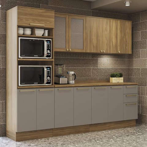 Armário de Cozinha Modulada Completa Reta 7 Peças 2,70m 220 Botanic Kappesberg - Nogueira/fendi