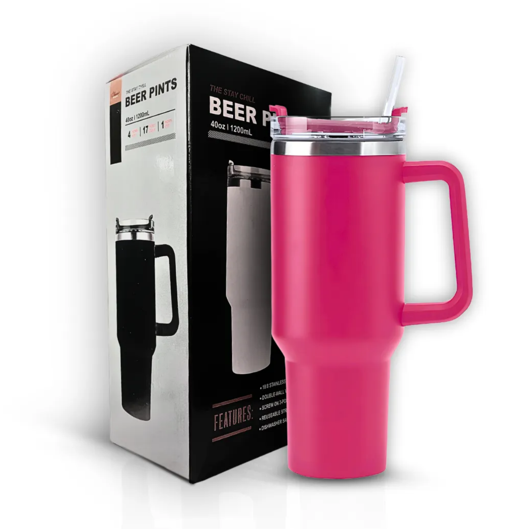 Copo Térmico Cor Rosa Pink Grande 1200 Ml Canudo Parede Dupla