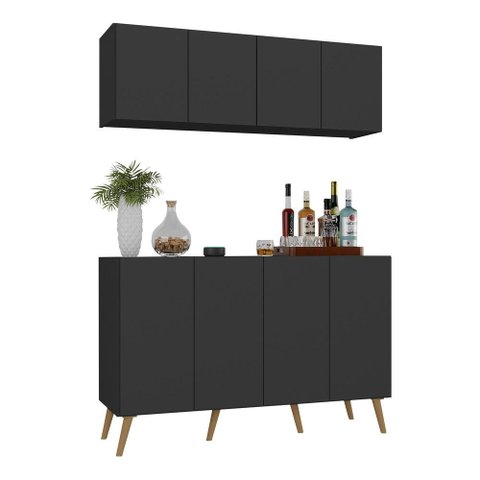 Kit Bar Armário Aéreo e Aparador 4 Portas Retrô Multimóveis Mp1086 Preto/natural