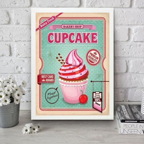Quadro para Cozinha Cupcake Rosa 24x18cm - com Vidro:moldura Branca