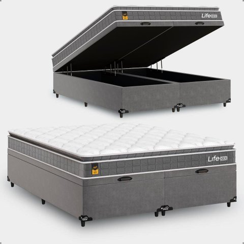 Cama Box Baú Queen Bipartido + Colchão Life D33 Pillow Top 61x158x198cm - Cinza - e-Shop Casa