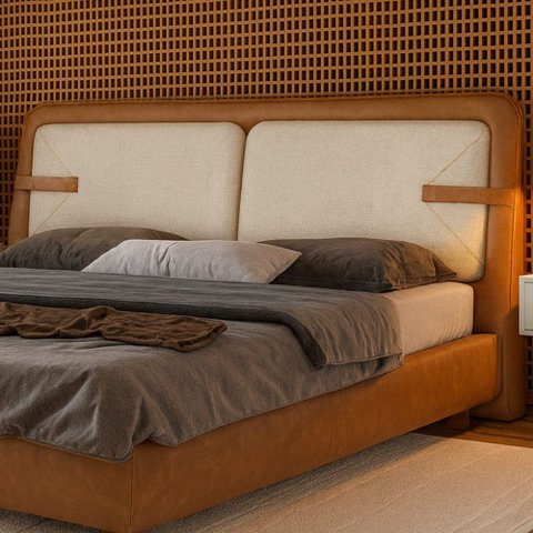 Cabeceira Casal Yun Courino Caramelo / Linho Off White - Sallar Home