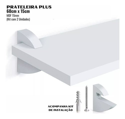 Conjunto 2 Prateleiras Escritorio Sala Dormitorio em Mdf Branco 60x15 com Suporte Bico de Tucano Par - 2