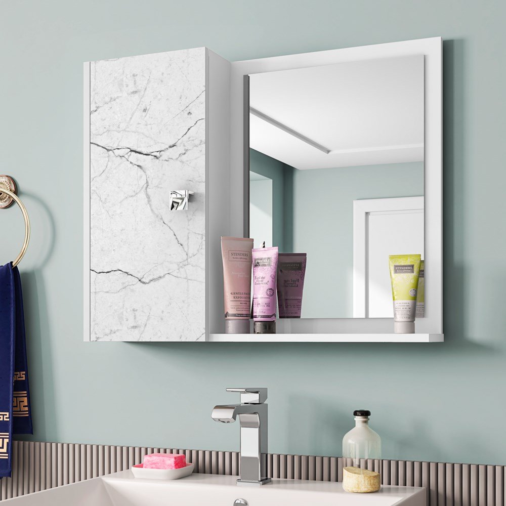 Espelheira Para Banheiro Com Armário 1 Porta Gênova Branco/Carrara - Bechara - 2
