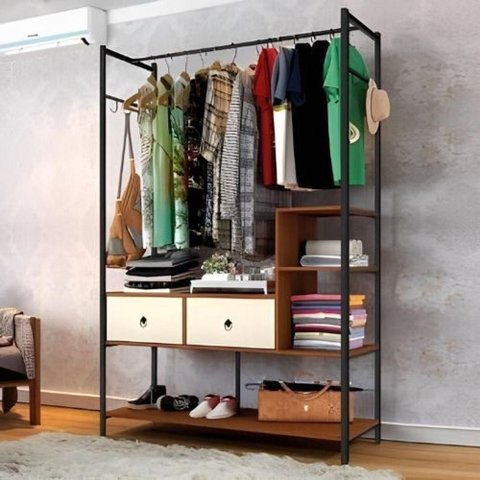 Closet Industrial Magali 2 Gavetas 4 Prateleiras MDF-MDP 120cm Preto Canela Off White Art Panta