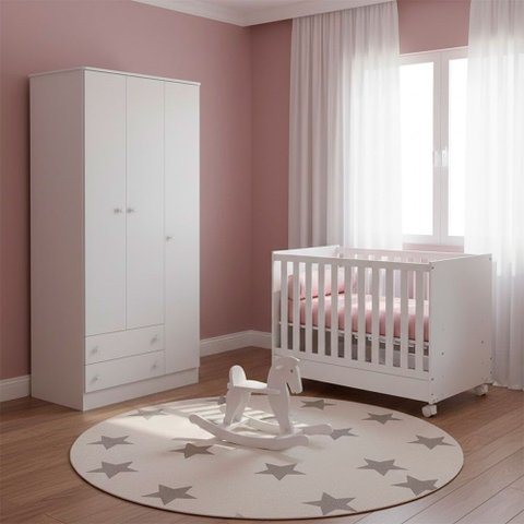 Quarto de Bebe Infantil Doce Sonho Berço Vira Cama e Guarda Roupas Multiuso Qmovi