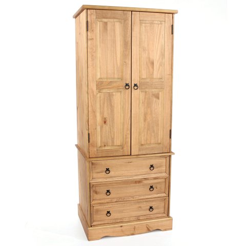 Guarda Roupa de Madeira Maciça com 2 portas e 3 gavetas na cor marrom antique Corona