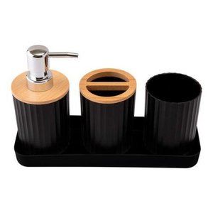 Kit Conjunto Banheiro Lixeira Porta Escova 4 Peças Preto
