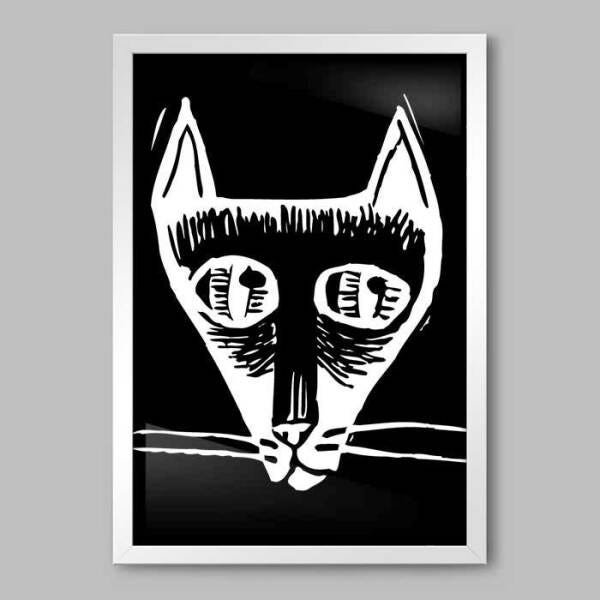 Quadro Animal Ilustração Gato P&B - 90x60cm - Moldura Caixa Branco - 1