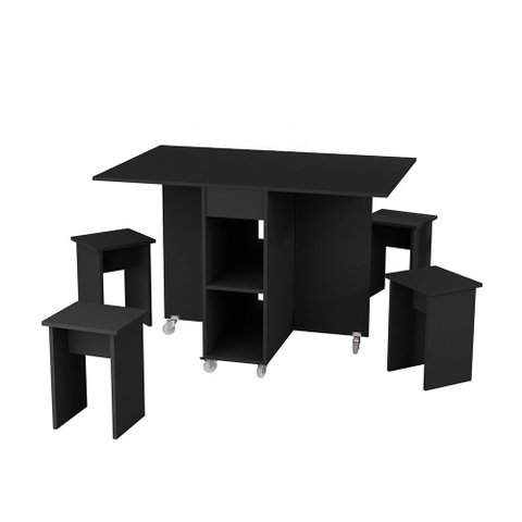Conjunto Mesa Dobrável Jade com 4 Bancos Rodízios e Nichos para Cozinha Bar Varanda Gourmet - Preto