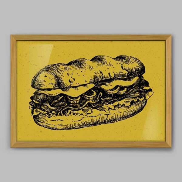 Quadro Cozinha Monocolor Lanche - 45x30cm - Moldura Caixa Madeira - 1