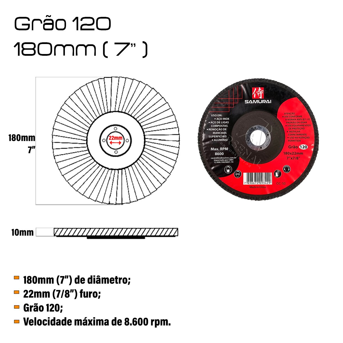 Kit 10 Discos de Lixa Flap de Fibra 180mm 7” Grão 120 - 2