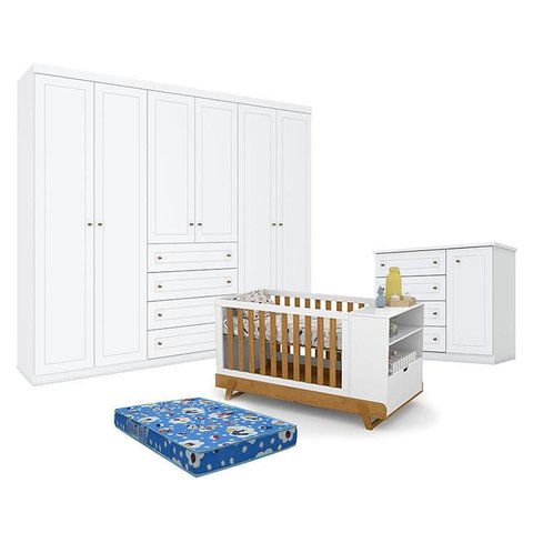 Quarto de Bebê Americano 6 Portas Com berço Multifuncional Bkids Branco Freijó Eco Wood - Matic - He