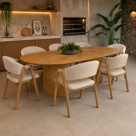 Conjunto Jantar Mesa 180cm Oval + 8 Cadeiras Rustica Organica Cozinha Sala Grande:Linho Areia