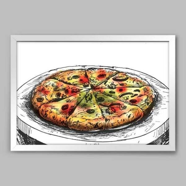 Quadro Cozinha Pizza Aquarela - 45x30cm - Moldura Padrão Branco - 1