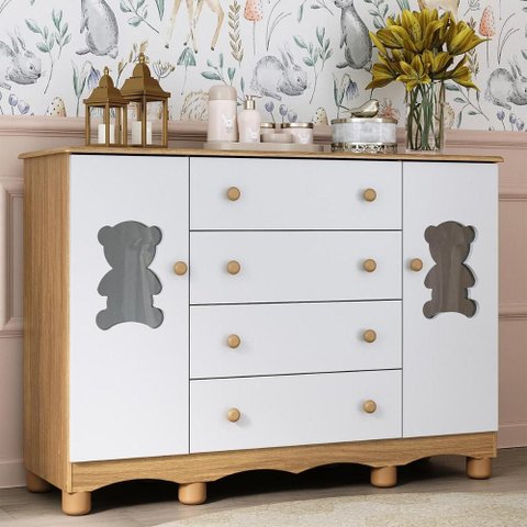 Cômoda Infantil 125cm 2 Portas com Vidro e 4 Gavetas Ternura Multimóveis Mp4480 Madeirado/branco