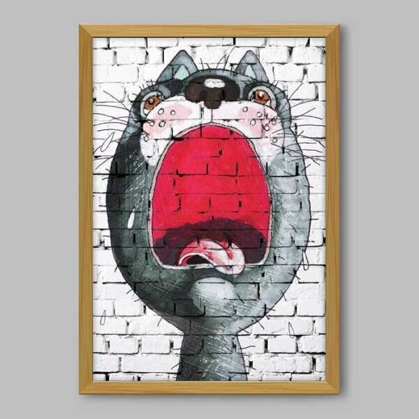 Quadro Animal Cartoon Cat - 20x30cm - Moldura Padrão Madeira - 1