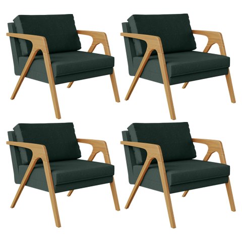 Kit 4 Poltronas Decorativa para Sala Pietra Estrutura de Madeira L02 Linho Verde Musgo - Lyam