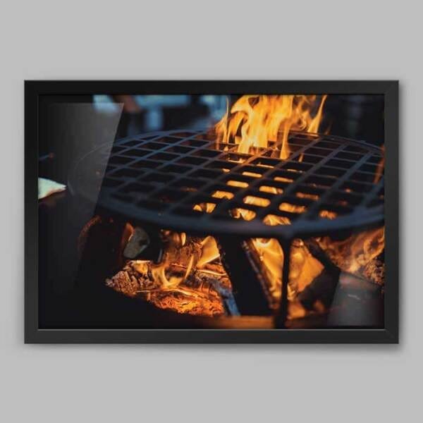 Quadro Cozinha Grelha Fogo - 90x60cm - Moldura Caixa Preto - 1