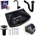 Ver imagem 1 de Pia Lavatório Plástico 4,8l Preta + Sifão Sanfonado Universal 61cm Preto + Torneira Preta + Veda Ros