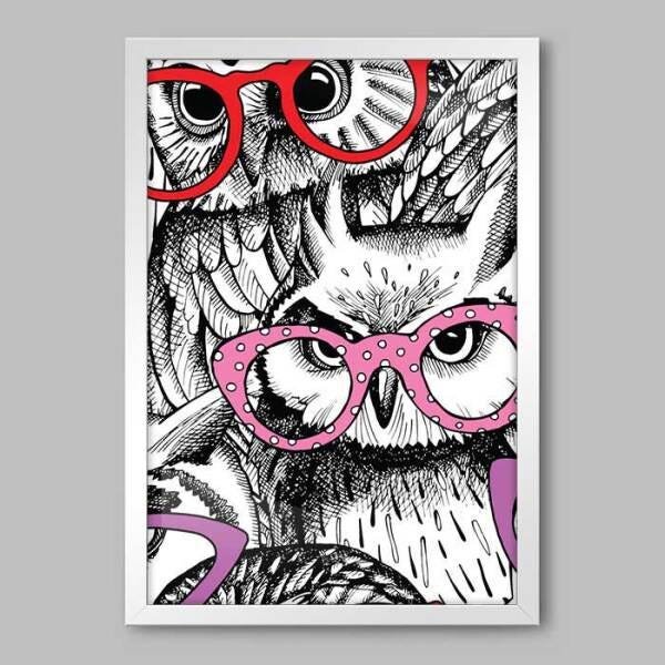 Quadro Animal Owl Pattern - 45x30cm - Moldura Caixa Branco - 1