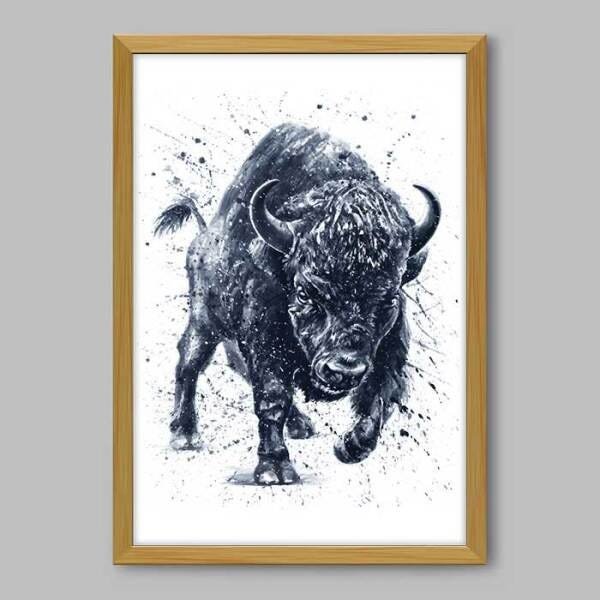 Quadro Animal Búfalo Aquarela - 45x30cm - Moldura Caixa Madeira - 1