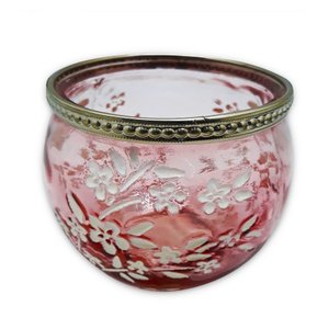 Castiçal Porta Velas em Vidro Moderno Floral Rosa 19 Cm
