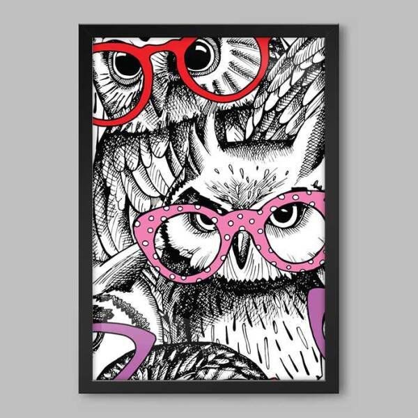 Quadro Animal Owl Pattern - 90x60cm - Moldura Caixa Preto - 1