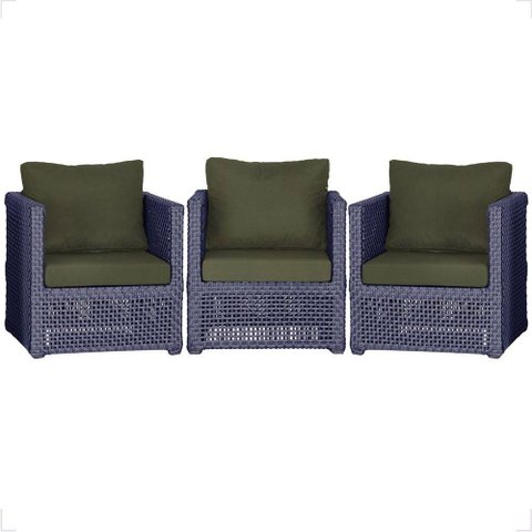 3 Poltronas Madri Alumínio Corda Náutica Estofado 13 Trama Azul